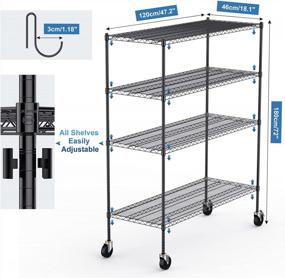 img 2 attached to NSF-Certified Commercial Grade 4-Tier Adjustable Wire Shelving With Wheels - 48X18X72" Heavy Duty Metal Storage Unit For Kitchen, Garage - Matte Black