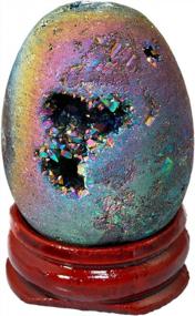 img 3 attached to Радужная статуэтка-яйцо из кварцевого кристалла с титановым покрытием и деревянной подставкой: потрясающий образец Druzy Agate Geode от Mookaitedecor
