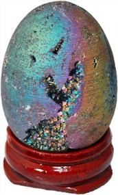 img 4 attached to Rainbow Titanium Coated Quartz Crystal Egg Figurine With Wood Stand: A Stunning Druzy Agate Geode Specimen From Mookaitedecor