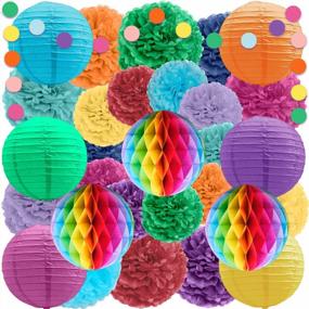 img 4 attached to 30-Piece Rainbow Party Decoration Set: Tissue Pom Poms, Paper Lanterns, Honeycomb Balls, And Garland; Colorful Decor For Special Events, Simple Assembly, SEO-Friendly