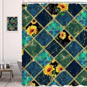 img 3 attached to 5 Pcs Modern Blue Marble Shower Curtain Sets With Rugs, Toilet Lid Cover, Bath Mat, Toilet Seat Cover, Ombre Teal Sunflower Geometric Shower Curtains For Bathroom Decor Sets With Rugs And 12 Hooks