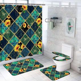 img 4 attached to 5 Pcs Modern Blue Marble Shower Curtain Sets With Rugs, Toilet Lid Cover, Bath Mat, Toilet Seat Cover, Ombre Teal Sunflower Geometric Shower Curtains For Bathroom Decor Sets With Rugs And 12 Hooks