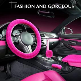 img 3 attached to 🌹 Rose Red Fluffy Car Accessories Set for Women - 6 Piece Fur Steering Wheel Covers, Fuzzy Gear Shift, Handbrake & Seat Belt Covers