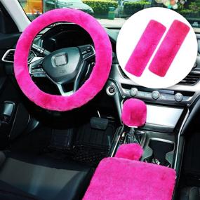 img 4 attached to 🌹 Rose Red Fluffy Car Accessories Set for Women - 6 Piece Fur Steering Wheel Covers, Fuzzy Gear Shift, Handbrake & Seat Belt Covers